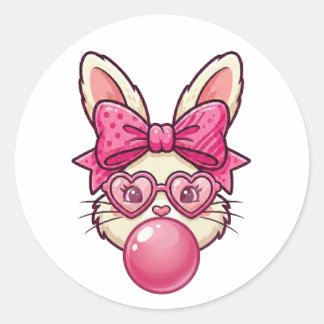 Adesivo Redondo Cute Bubblegum Bunny with Heart Glasses