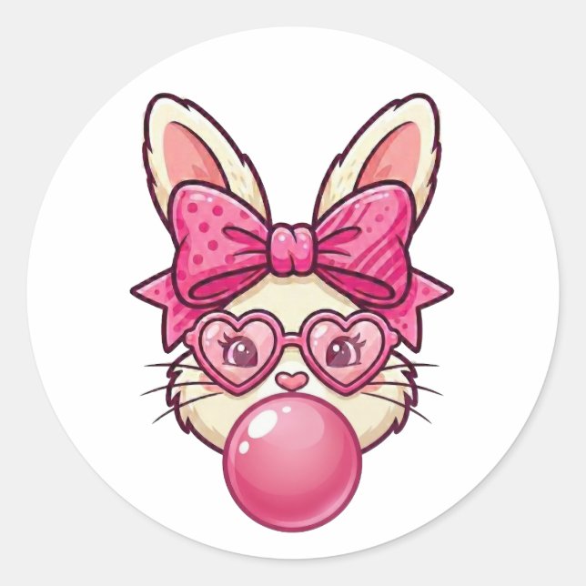 Adesivo Redondo Cute Bubblegum Bunny with Heart Glasses (Frente)