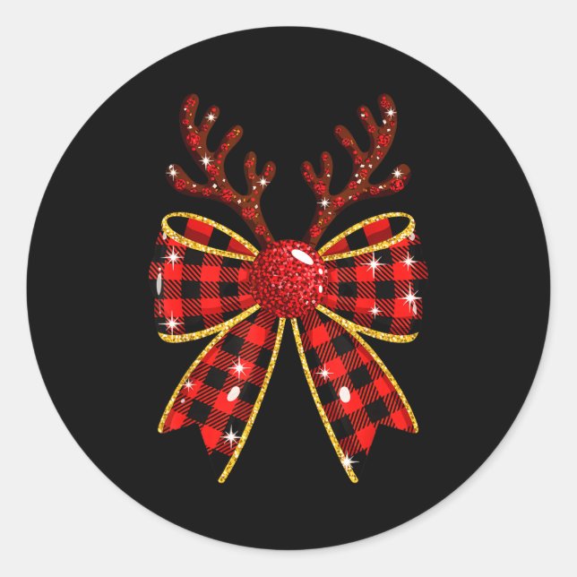 Adesivo Redondo Cute Buffalo Plaid Coquette Bow Reindeer Christmas (Frente)