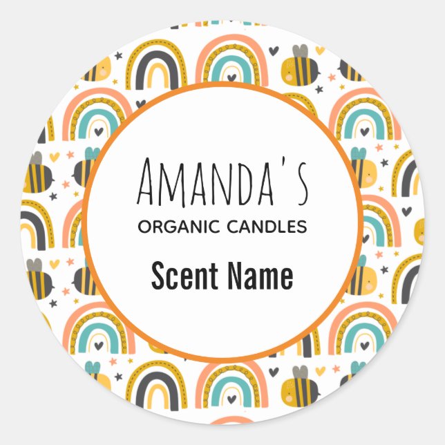 Adesivo Redondo Cute Bumble Bee and Rainbows Pattern Candle (Frente)