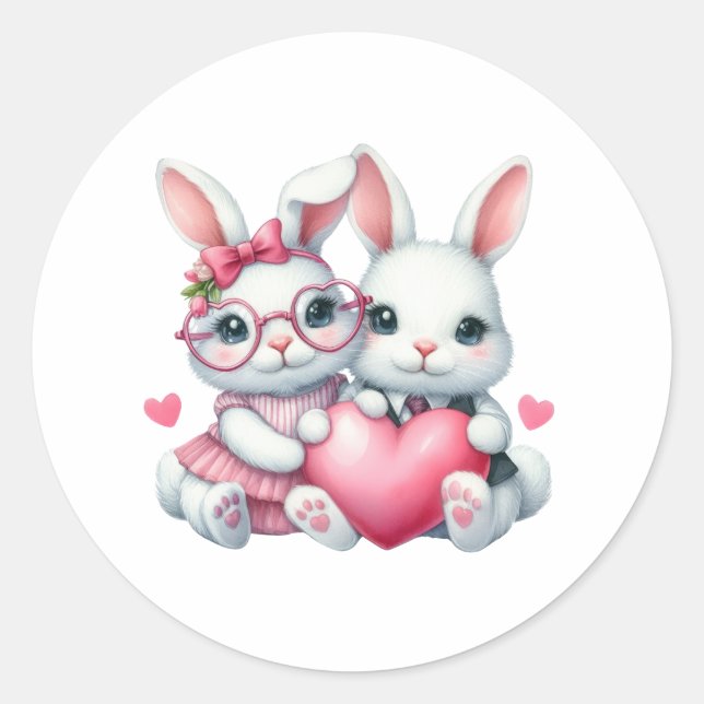 Adesivo Redondo Cute Bunnies Sharing a Heart (Frente)