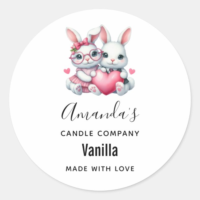 Adesivo Redondo Cute Bunnies Sharing a Heart Candle Business (Frente)
