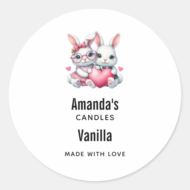 Adesivo Redondo Cute Bunnies Sharing a Heart Candle Business (Frente)