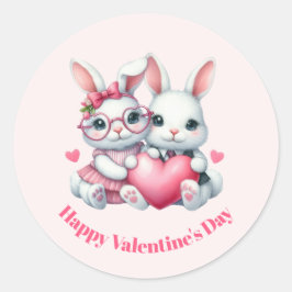 Adesivo Redondo Cute Bunnies Sharing a Heart Valentine's Day