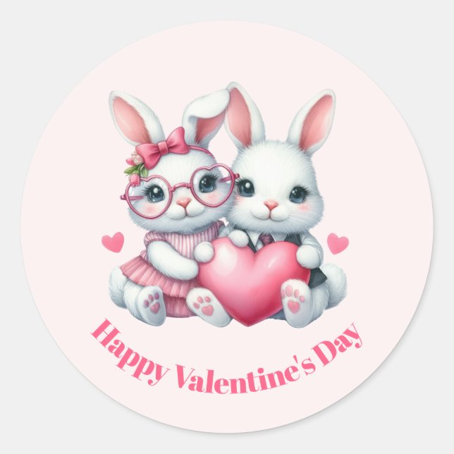 Adesivo Redondo Cute Bunnies Sharing a Heart Valentine's Day (Frente)