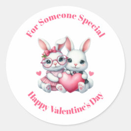 Adesivo Redondo Cute Bunnies Sharing a Heart Valentine's Day