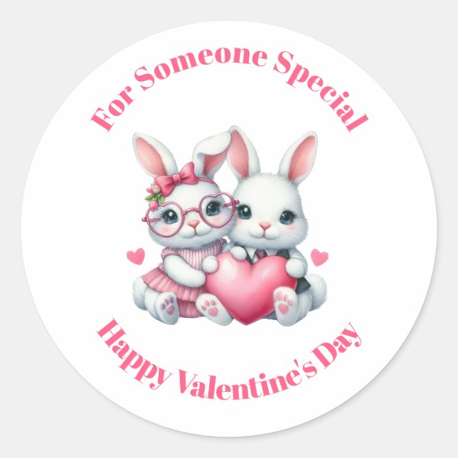 Adesivo Redondo Cute Bunnies Sharing a Heart Valentine's Day (Frente)
