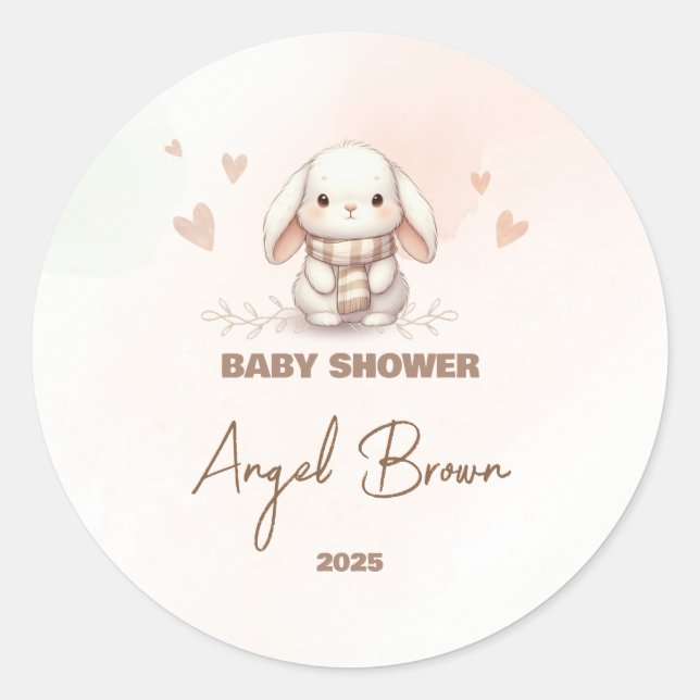 Adesivo Redondo Cute Bunny Baby Shower Favor Sticker (Frente)