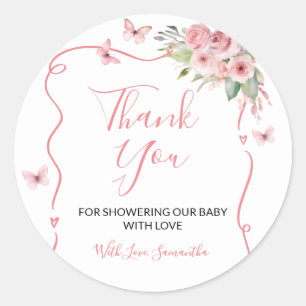 Adesivo Redondo Cute Bunny Baby Shower Menina Rosa Floral Obrigado