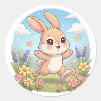 Adesivo Redondo Cute Bunny Hopping in a Flower Field