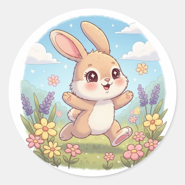 Adesivo Redondo Cute Bunny Hopping in a Flower Field (Frente)