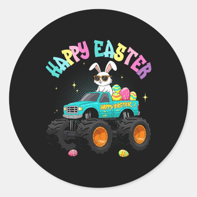 Adesivo Redondo Cute Bunny Monster Truck Happy Easter For Kids Boy (Frente)