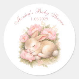 Adesivo Redondo Cute Bunny Rabbit Pink Blush Peony Baby Shower