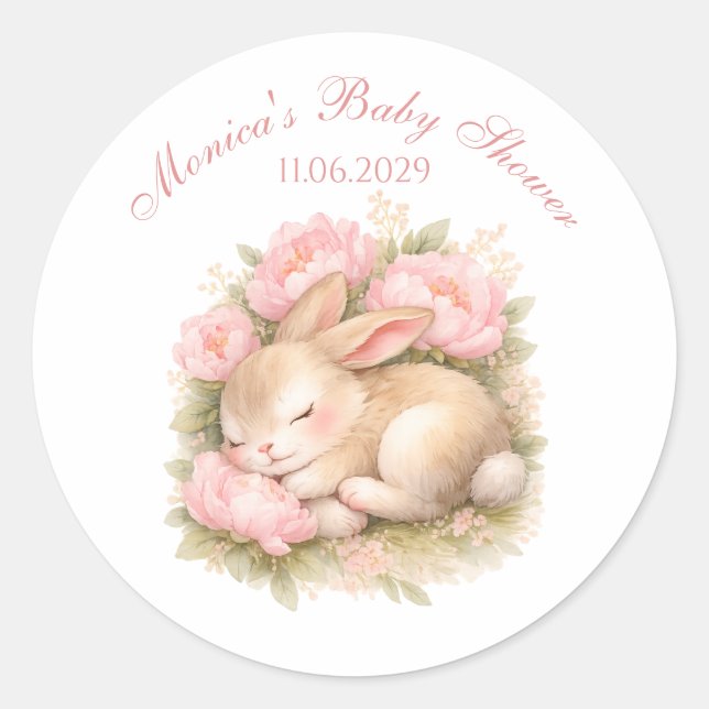 Adesivo Redondo Cute Bunny Rabbit Pink Blush Peony Baby Shower (Frente)