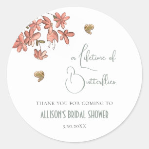 Adesivo Redondo Cute Butterfly Floral Bridal Shower Obrigado