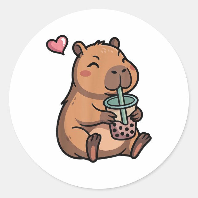 Adesivo Redondo Cute Capybara Boba Bubble Tea Kawaii Capybara Girl (Frente)