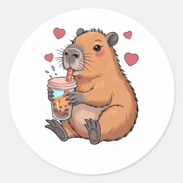 Adesivo Redondo Cute Capybara Boba Tea Bubble (Frente)