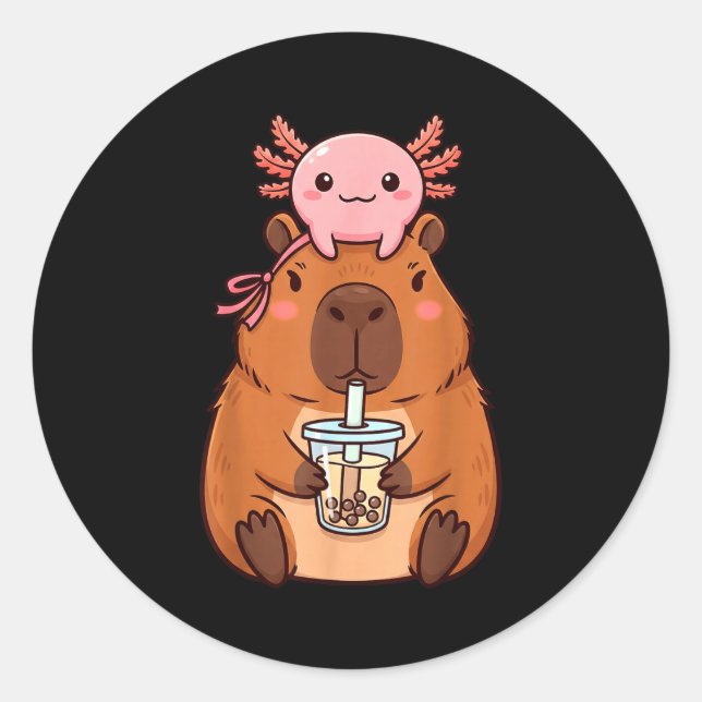 Adesivo Redondo Cute Capybara Drinking Boba Tea (Frente)