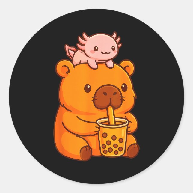 Adesivo Redondo Cute Capybara Drinking Bubble Tea And Axolotl Kawa (Frente)