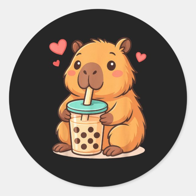 Adesivo Redondo Cute Capybara Kawaii Anime Drinking Bubble Tea Lov (Frente)
