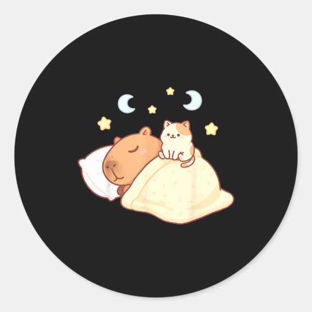 Adesivo Redondo Cute Capybara Kawaii Sleep Pajamas Sleepybara Cat  (Frente)