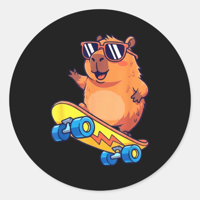 Adesivo Redondo Cute Capybara Skateboarding Chill Animal Lover Art (Frente)
