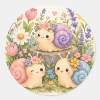 Adesivo Redondo Cute caracóis kawaii com flores
