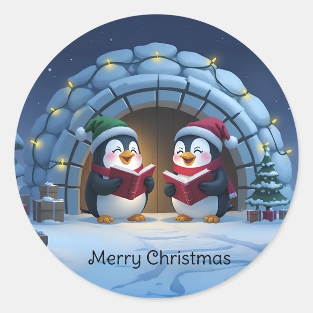 Adesivo Redondo Cute Cartoon Caroling Penguins (Frente)