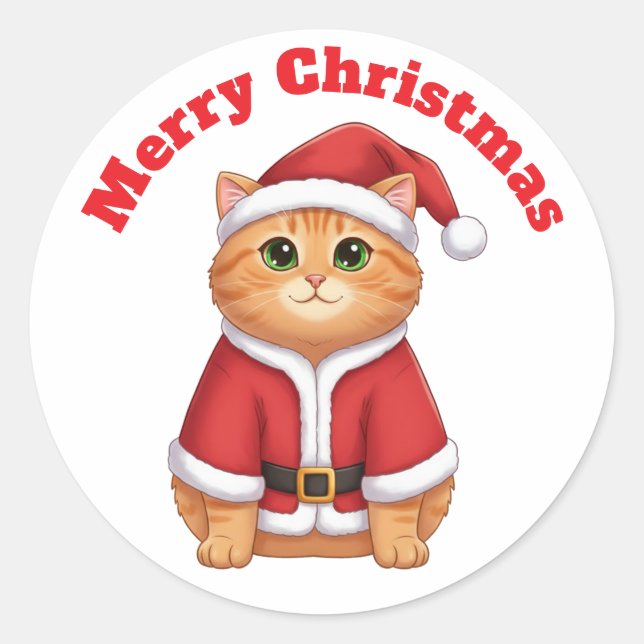Adesivo Redondo Cute Cartoon Cat in Santa Suit - Merry Christmas  (Frente)