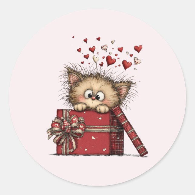 Adesivo Redondo Cute Cartoon Kitten in a Box with Hearts (Frente)