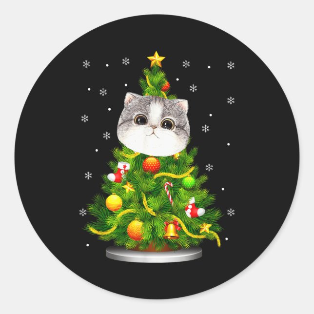 Adesivo Redondo Cute Cat Christmas Tree Holiday Cat Lovers Xmas Wo (Frente)