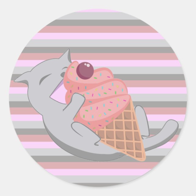 Adesivo Redondo Cute Cat Eating Ice Cream Striped (Frente)