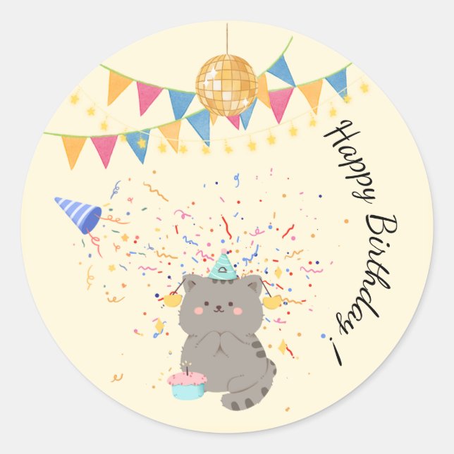 Adesivo Redondo Cute Cat Feliz Aniversário | Paste (Frente)