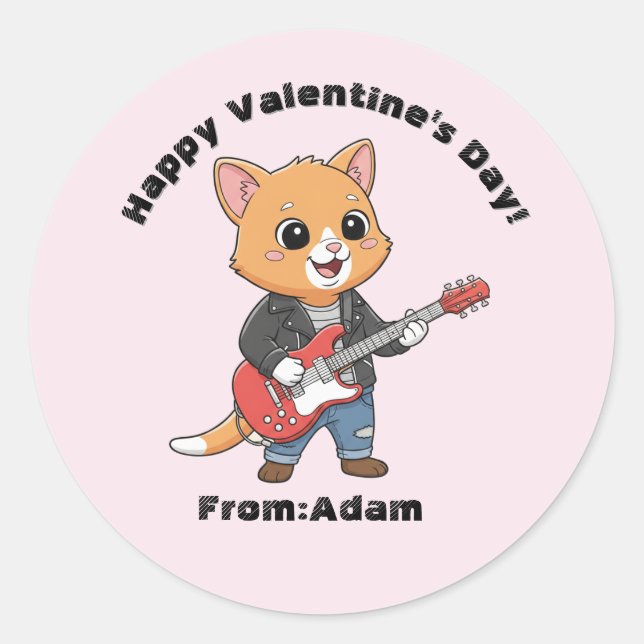 Adesivo Redondo Cute cat guitar player  Valentine  (Frente)