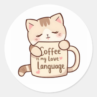 Adesivo Redondo Cute Cat Hug Coffee Love Language