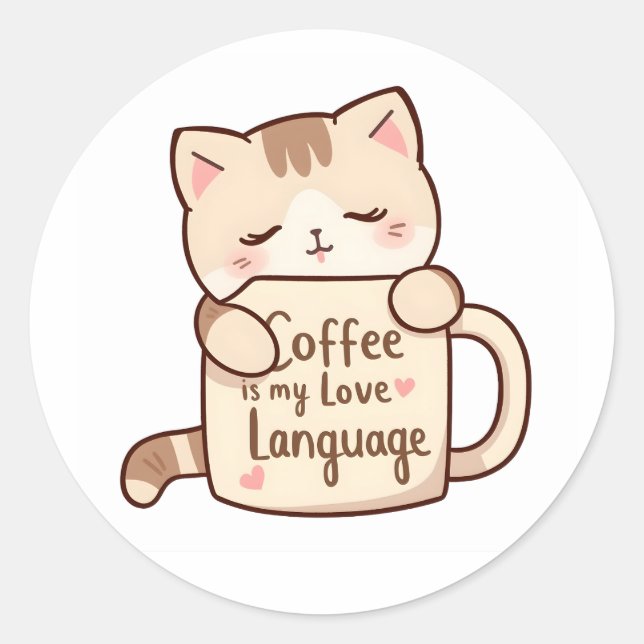 Adesivo Redondo Cute Cat Hug Coffee Love Language (Frente)