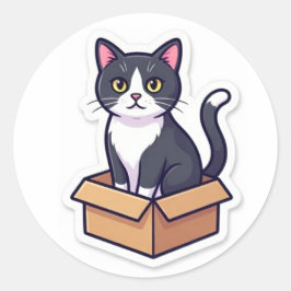 Adesivo Redondo Cute Cat In Cardboard Box Sticker Funny Cat