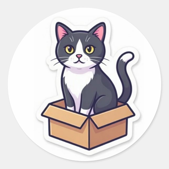 Adesivo Redondo Cute Cat In Cardboard Box Sticker Funny Cat (Frente)