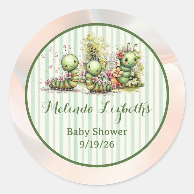 Adesivo Redondo Cute Caterpillar Garden Baby Shower Party (Frente)