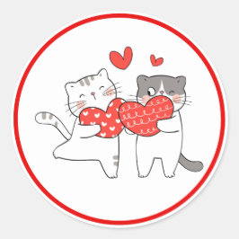 Adesivo Redondo Cute Cats Valentine Sticker Love Heart Design