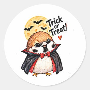 Adesivo Redondo Cute Chibi Pardal Pássaro Halloween Drácula