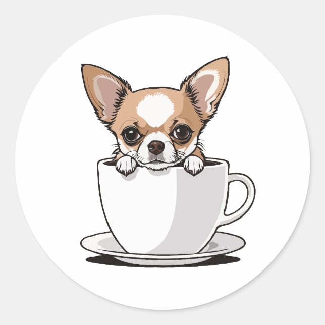 Adesivo Redondo Cute chihuahua sentado na xícara de café (Frente)