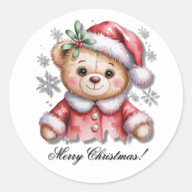 Adesivo Redondo Cute Christmas Bear and Snowflakes (Frente)
