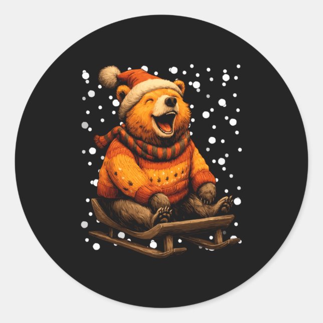 Adesivo Redondo Cute Christmas Bear Sledding In Snow Funny Winter  (Frente)