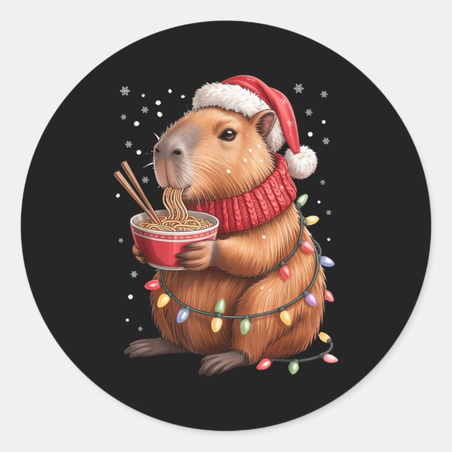 Adesivo Redondo Cute Christmas Capybara With Ramen Bowl Holiday Te (Frente)