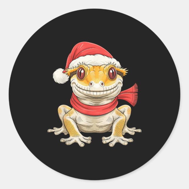 Adesivo Redondo Cute Christmas Crested Gecko Santa  (Frente)