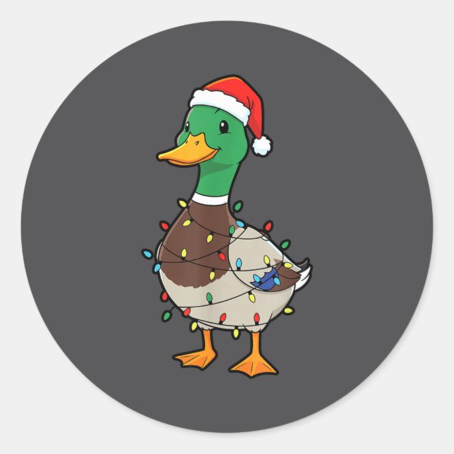 Adesivo Redondo Cute Christmas Duck Mallard With Xmas Lights  (Frente)