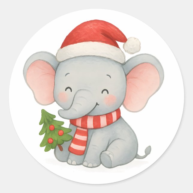 Adesivo Redondo Cute Christmas Elephant with Santa Hat (Frente)