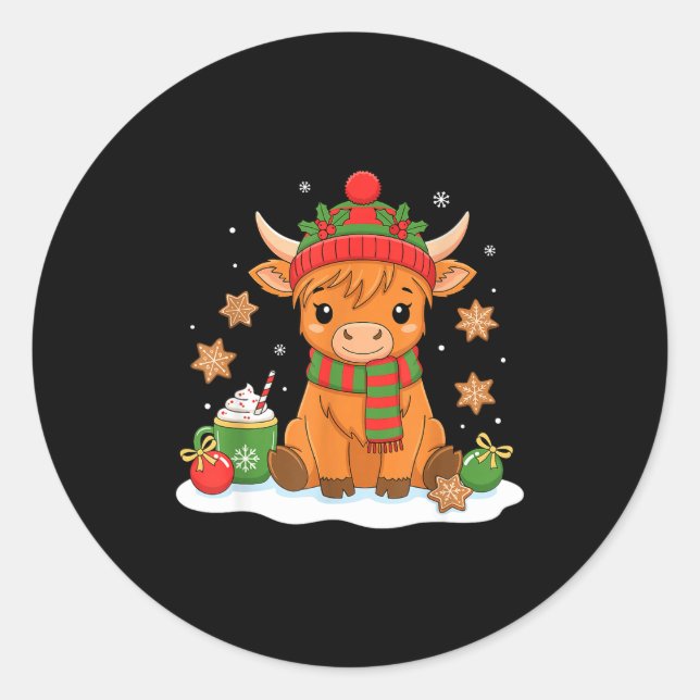 Adesivo Redondo Cute Christmas Highland Cow Lover Xmas Women Farm  (Frente)