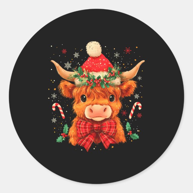 Adesivo Redondo Cute Christmas Highland Cow Mooey Xmas Heifer Sant (Frente)